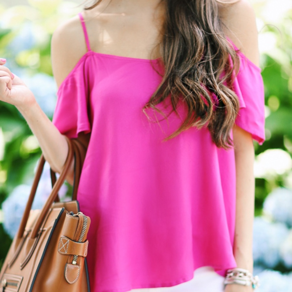 Off-the-shoulder bright pink top!